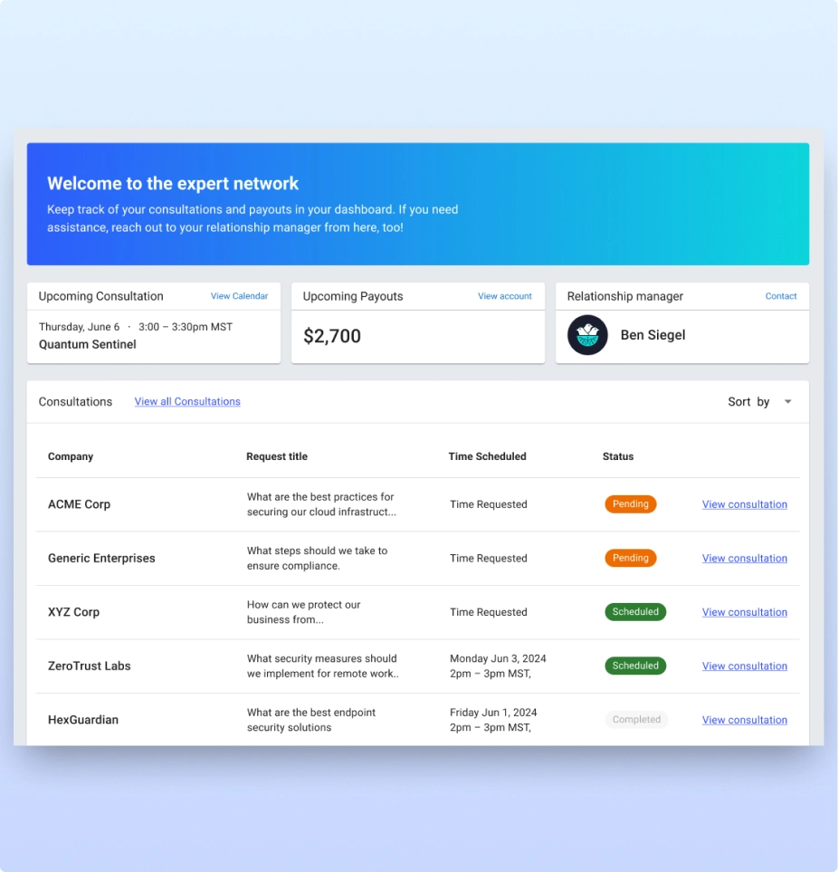 The CyberNest expert network dashboard: an upcoming consultation, pending payouts, and a queue of consultation requests from organizations.