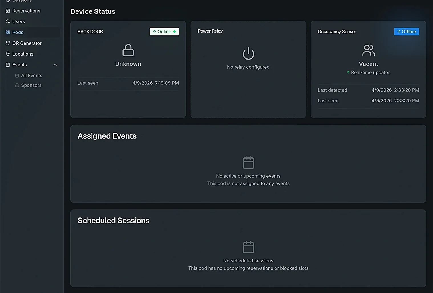 Device status panel for a single pod: door lock online with last-seen time, power relay, and an occupancy sensor showing offline.