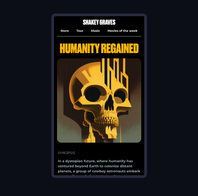 A generated movie page titled Humanity Regained, with AI artwork of a golden skull monument and a synopsis about cowboy astronauts.