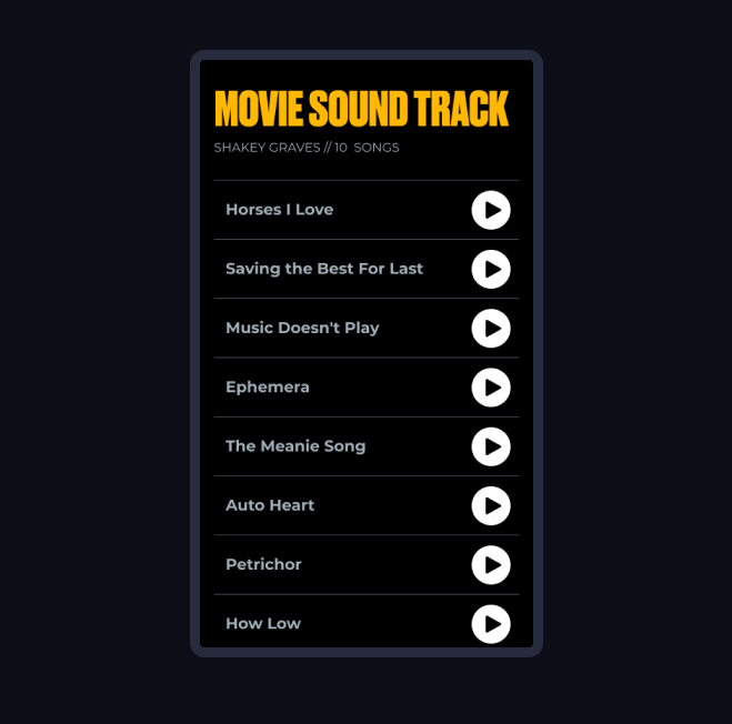A generated Movie Sound Track screen for Shakey Graves listing ten playable songs, including Horses I Love and The Meanie Song.